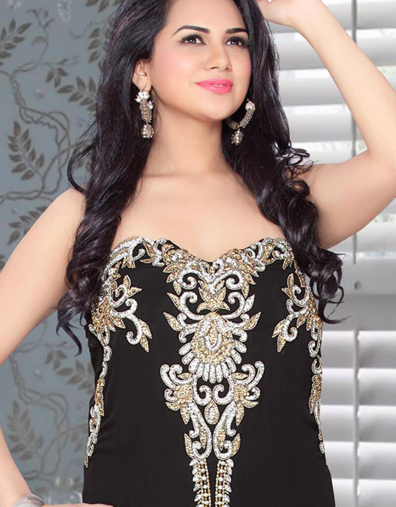 Sweet Heart Shape Neck In Fustan, Fustan Style, Georgette Fabric, Black Color, Handmade, Golden Embroidered Black / S