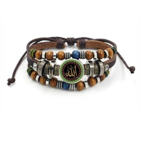 Allah Beads Leather Bracelet Glass Cabochon