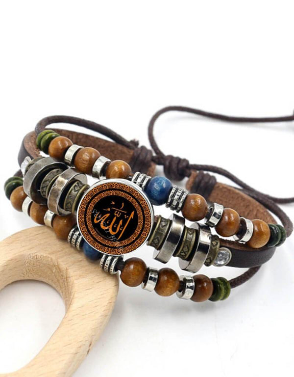 Allah Beads Leather Bracelet Glass Cabochon