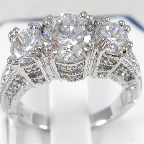 Cubic Zirconia Three Stones Silver Color Women Rings