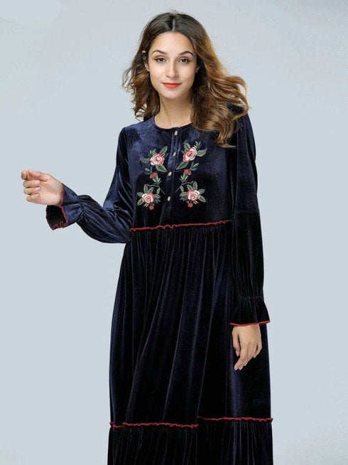 Velvet Floral Embroidery long sleeve Maxi