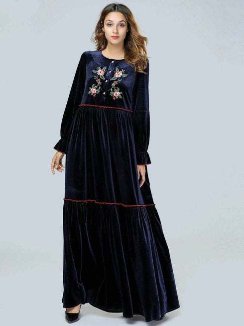 Velvet Floral Embroidery long sleeve Maxi