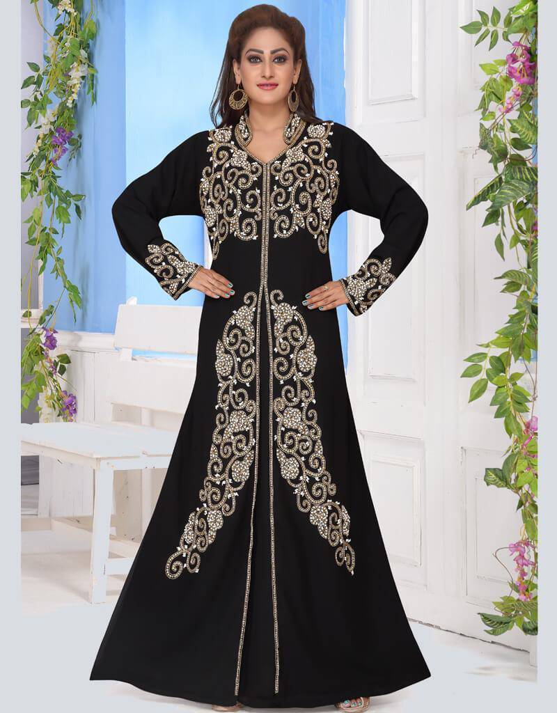 A-line embroidered Kaftan dress Black, Georgette Fabric, Handmade, Golden Embroidered, Dubai, Kaftans, XS, S, M, L, XL, 2XL, 3XL, 4XL, 5XL, 6XL, 7XL S A-line embroidered Kaftan dress Black, Georgette Fabric, Handmade, Golden Embroidered, Dubai, Kaftans, XS, S, M, L, XL, 2XL, 3XL, 4XL, 5XL, 6XL, 7XL S