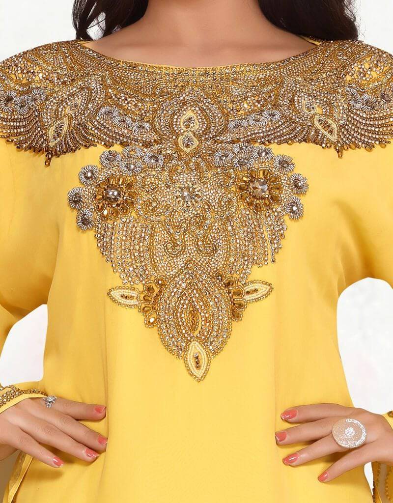 A line kaftan dress Aline Style, Copper Embroidered, Georgette Fabric, Handmade, Handmadepicked, Yellow Color 7XL