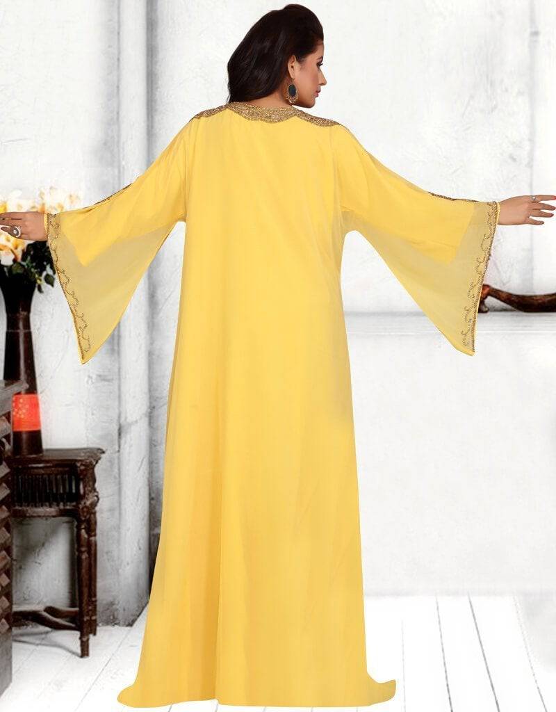 A line kaftan dress Aline Style, Copper Embroidered, Georgette Fabric, Handmade, Handmadepicked, Yellow Color 7XL