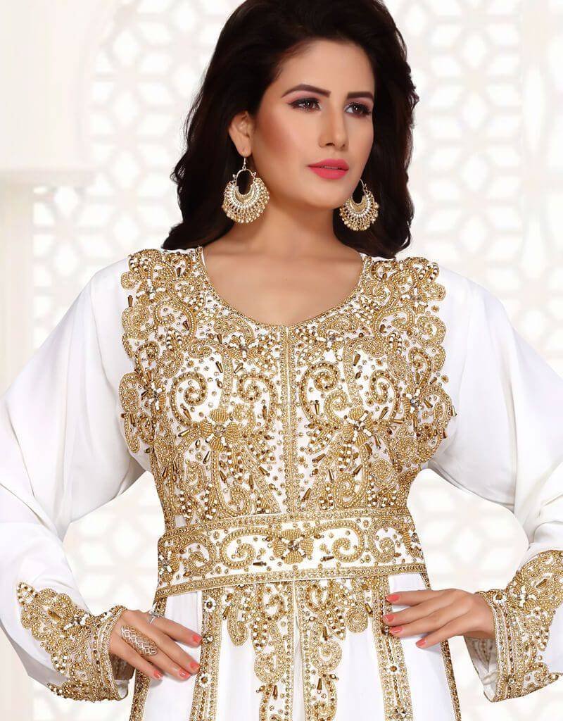 Gold beaded full sleeve morocan caftan Georgette Fabric, Golden Embroidered, Handmade, Takchita Style, White Color White / L Gold beaded full sleeve morocan caftan Georgette Fabric, Golden Embroidered, Handmade, Takchita Style, White Color White / L