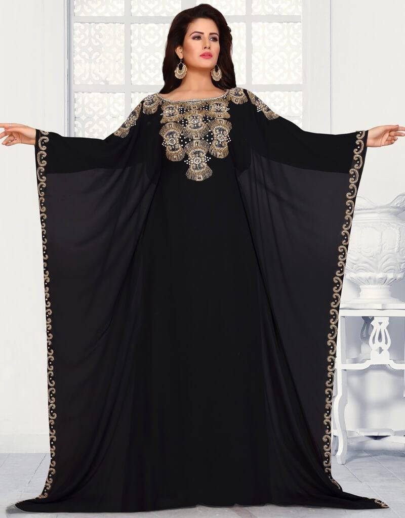 Women Red Georgette Golden Embroidered Farasha