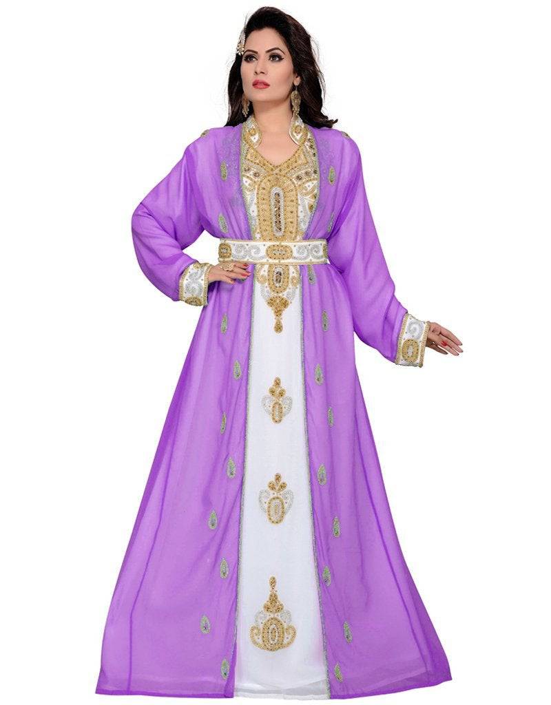 Islamic abaya Moroccan caftan style Georgette Fabric, Golden Embroidered, Handmade, Moroccan Style, Turquoise Color Purple / XL Islamic abaya Moroccan caftan style Georgette Fabric, Golden Embroidered, Handmade, Moroccan Style, Turquoise Color Purple / XL