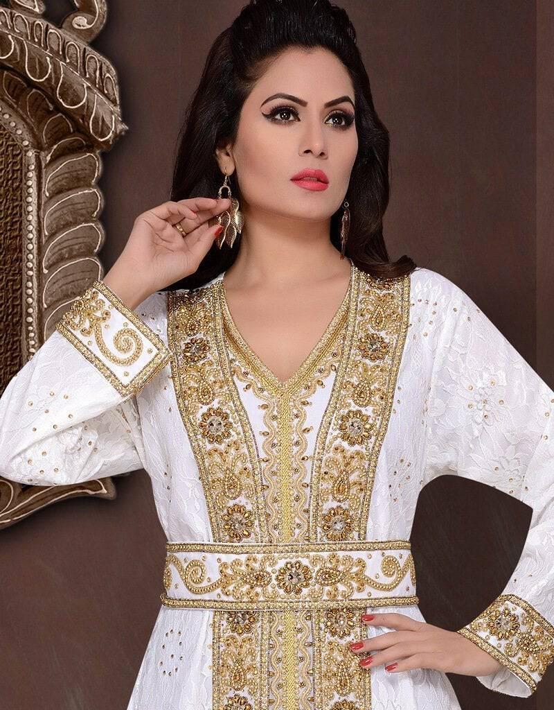 Wedding abaya gold beaded floor length Georgette Fabric, Golden Embroidered, Handmade, Moroccan Style, White Color White / L Wedding abaya gold beaded floor length Georgette Fabric, Golden Embroidered, Handmade, Moroccan Style, White Color White / L