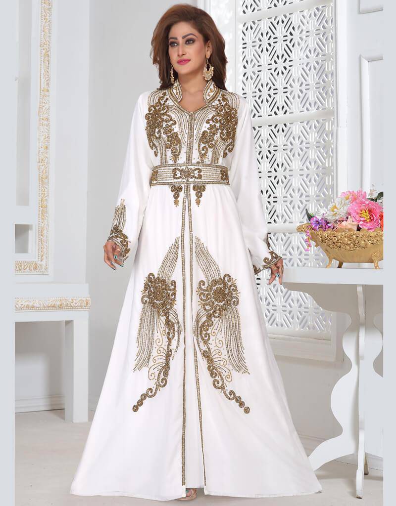 Wedding moroccan Style caftan White, Georgette Fabric, Handmade, Golden ...
