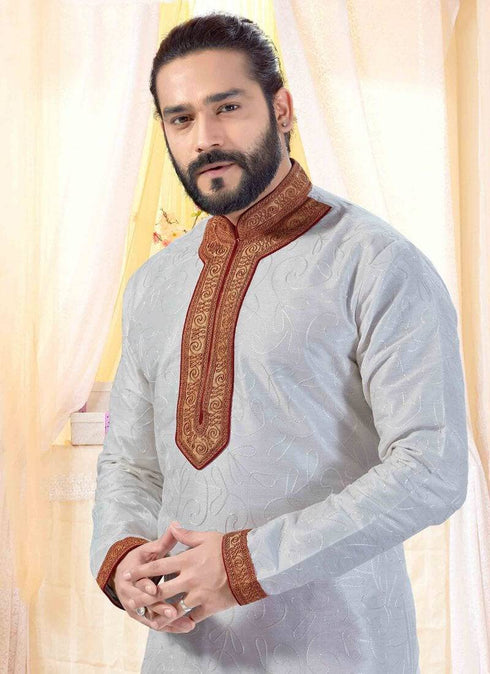 Off White Kurta Art Silk Churidar
