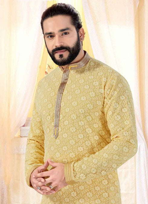 Yellow Kurta Georgette Lucknowie Churidar