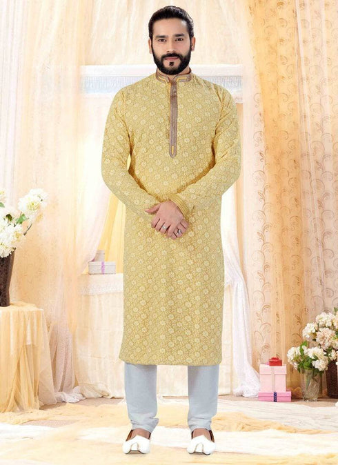 Yellow Kurta Georgette Lucknowie Churidar