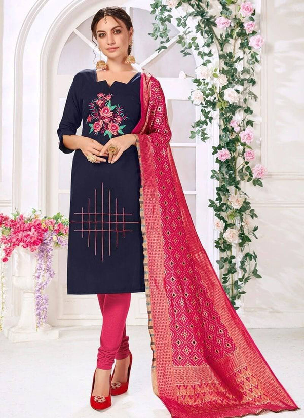 Navy Blue Cottan Flex Handloom Cottan Chudidar Straight