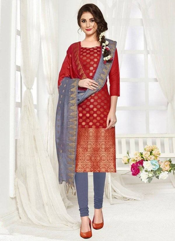 Red Banarasi Chudidar Straight