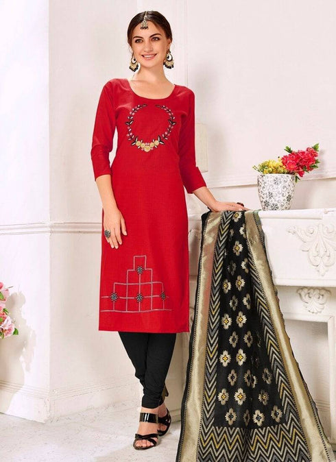 Red Cottan Flex Handloom Cottan Chudidar Straight