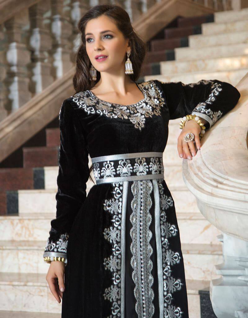 open lace back dress Moroccan Party Wedding kaftan Black Color, Handmade, Moroccan Style, Silver  Embroidered, Velvet Fabric – Arabic attire