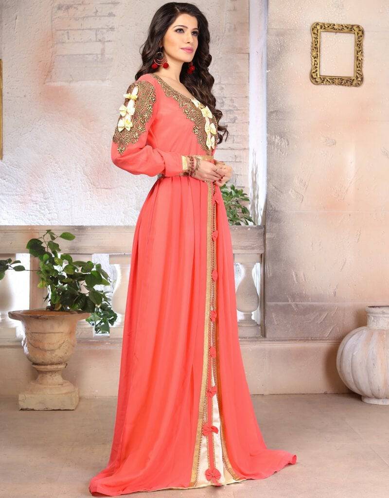 Moroccan Style Women dress Moroccan, Georgette, Peach, Handmade, Golden  Embroidered, Kaftans – Arabic attire