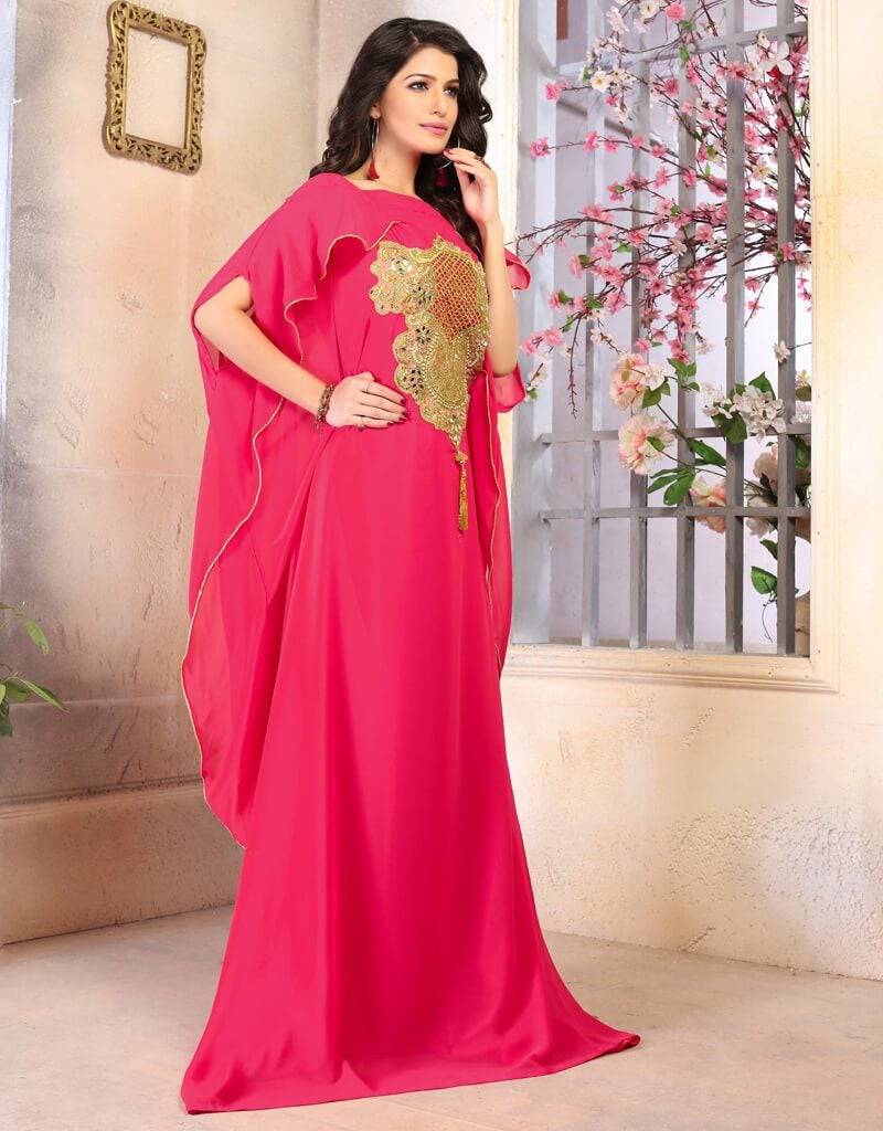 Teal Empress Georgette Kaftan With Ajrakh Border