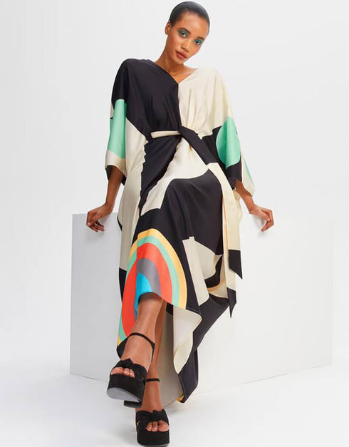 Beige And Black Fancy Soft Satin Silk Kaftan Closure View