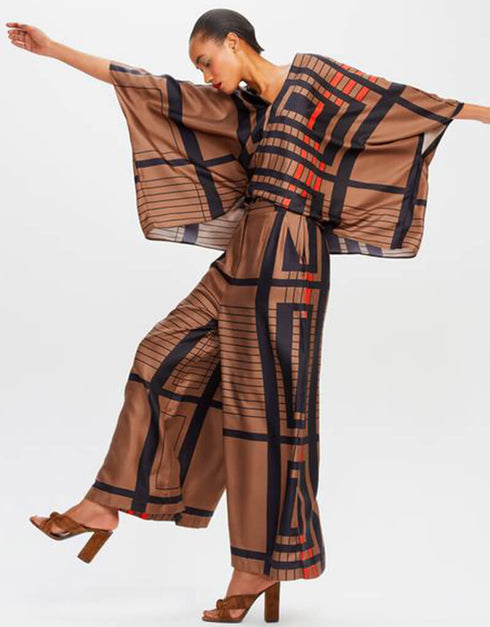 Brown Fancy Soft Satin Silk Kaftan Co-Ord Set Back View