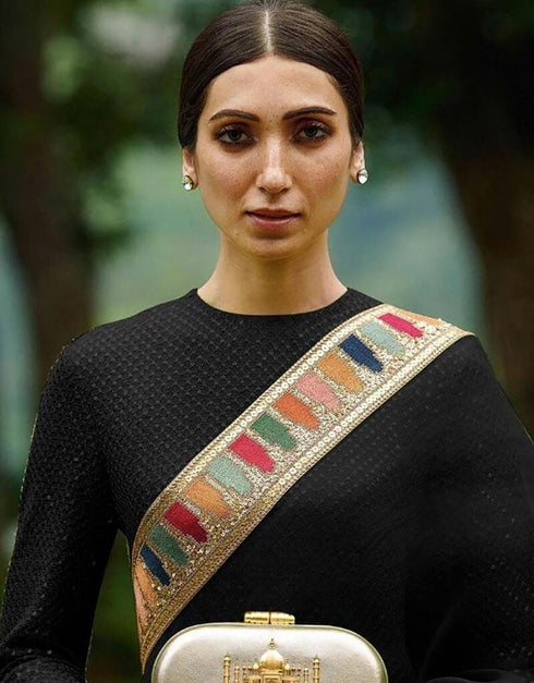 Black Pant style Straight Faux Georgette Salwar Kameez in Sequins Embroidery & Lace Work Closure View