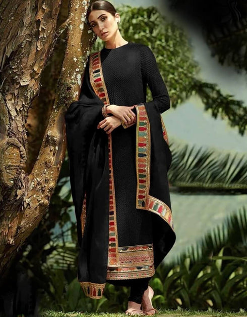 Black Pant style Straight Faux Georgette Salwar Kameez in Sequins Embroidery & Lace Work