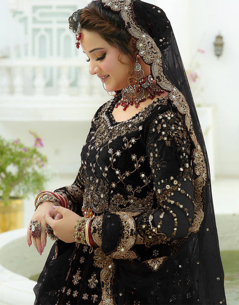 stylish black velvet designer party wear readymade salwar suit with black velvet ie-1070-black Close-up View