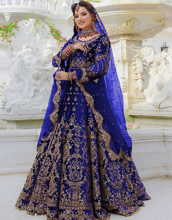 chic blue velvet designer party wear readymade salwar suit with blue velvet ie-1070-blue Front View