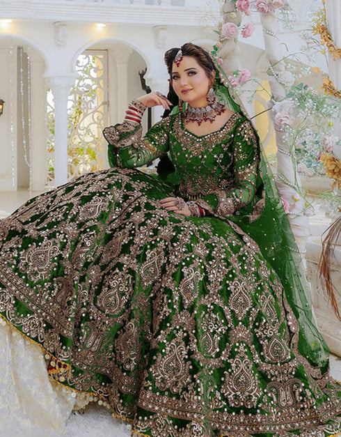 trendy green velvet designer party wear readymade salwar suit with green velvet ie-1070-green Back View