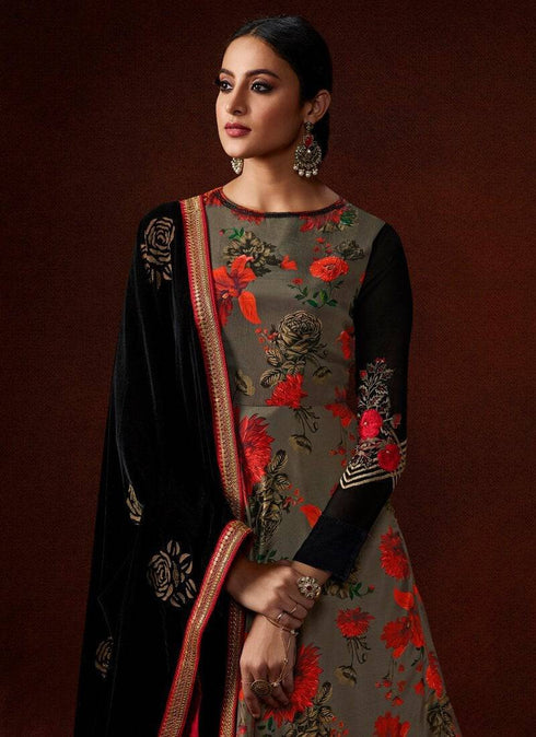 Silk Crepe & Georgette Mehendi Straight Suit Anarkali Bottom