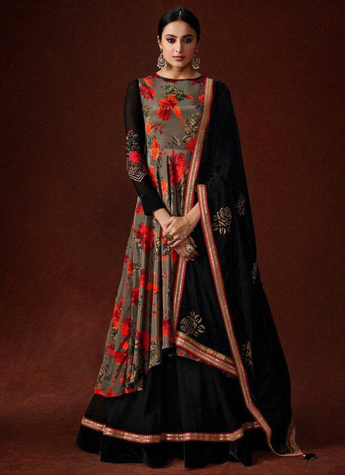 Silk Crepe & Georgette Mehendi Straight Suit Anarkali Bottom