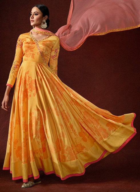 Silk Crepe Yellow Straight Suit Anarkali Bottom