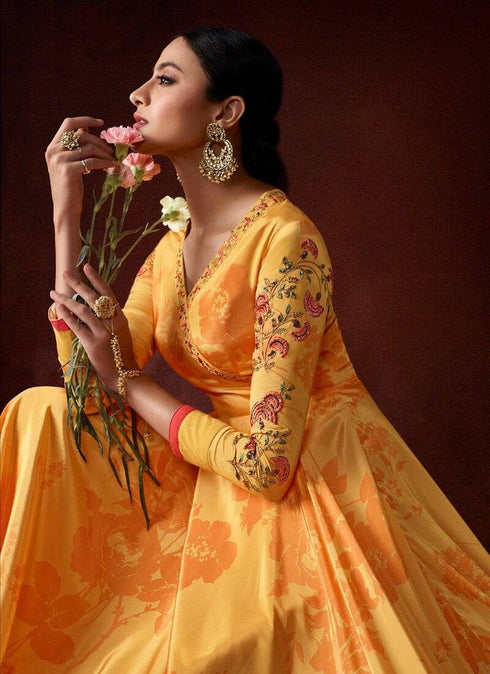 Silk Crepe Yellow Straight Suit Anarkali Bottom