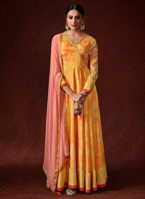 Silk Crepe Yellow Straight Suit Anarkali Bottom
