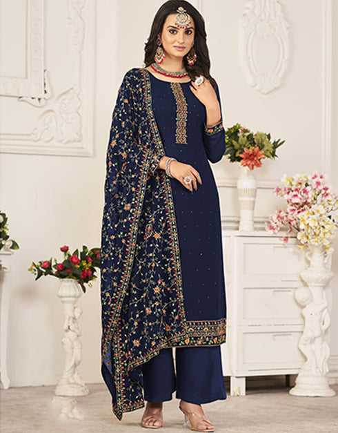 Blue Pant style Salwar Suit Georgette Salwar Kameez in Swarvoski Embroidery, Daimonds & Lace Work