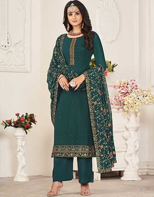 Green Pant style Salwar Suit Georgette Salwar Kameez in Swarvoski Embroidery, Daimonds & Lace Work