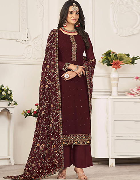 Maroon Pant style Salwar Suit Georgette Salwar Kameez in Swarvoski Embroidery, Daimonds & Lace Work
