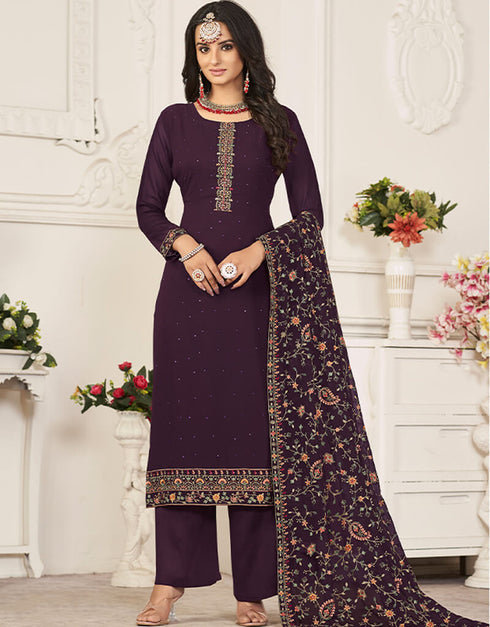 Wine Pant style Salwar Suit Georgette Salwar Kameez in Swarvoski Embroidery, Daimonds & Lace Work