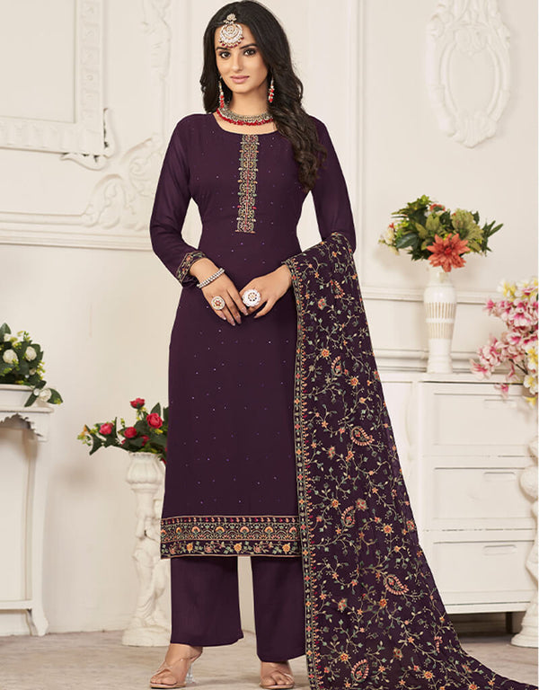 Wine Pant style Salwar Suit Georgette Salwar Kameez in Swarvoski Embroidery, Daimonds & Lace Work