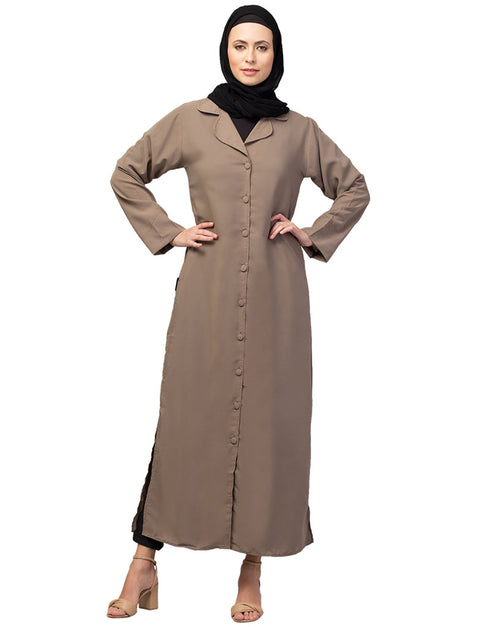 Muslimah Abaya with a coat-style collar and buttoned front In the Color Khaki