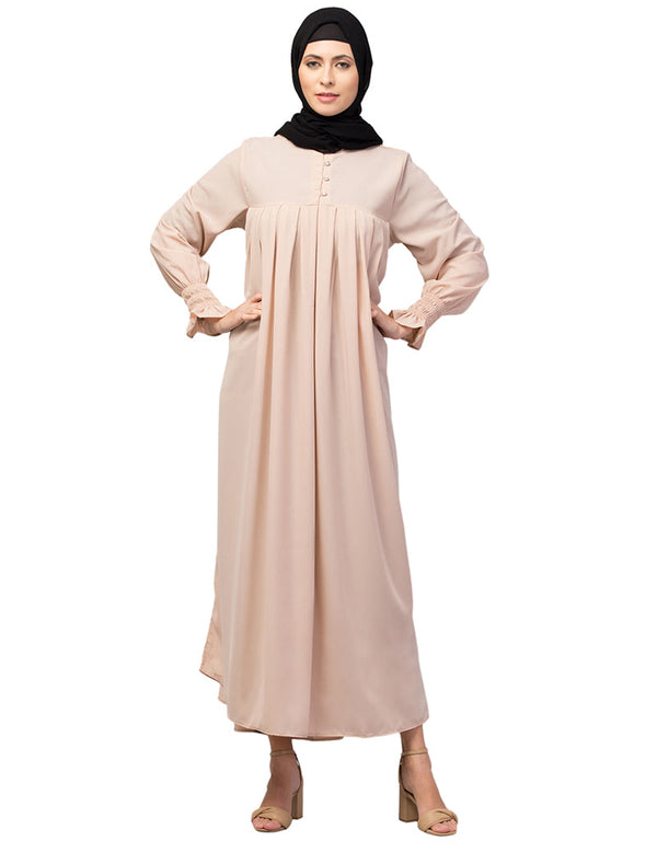 Chic Abaya with pleated chest and bell sleeves for a casual look In Color Blush Skin