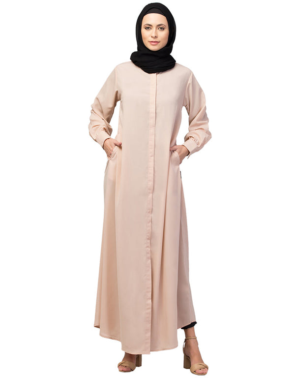 Trendy Basic abaya with front opening and hidden placket in the Shade Skin