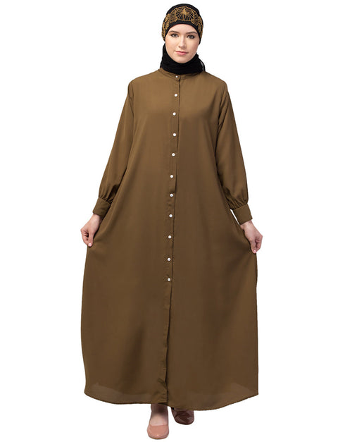 Islamic Front-open abaya with cuffs for everyday wear In Color Gold brown