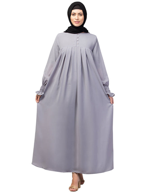 Trendy Smoking sleeve abaya with pleats at the chest for a stylish Sky Grey