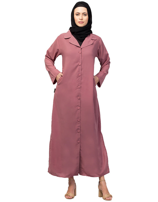 Muslim Abaya with coat collar and self-fabric buttons In the Shade of Mauve Pink