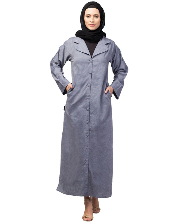 Arabic Abaya with self-fabric buttons and coat collar In the Shade Of Sky Blue