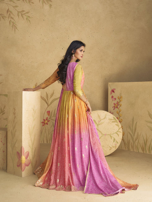 Peach Color Mirror Work Embroidery Georgette Anarkali - Rent