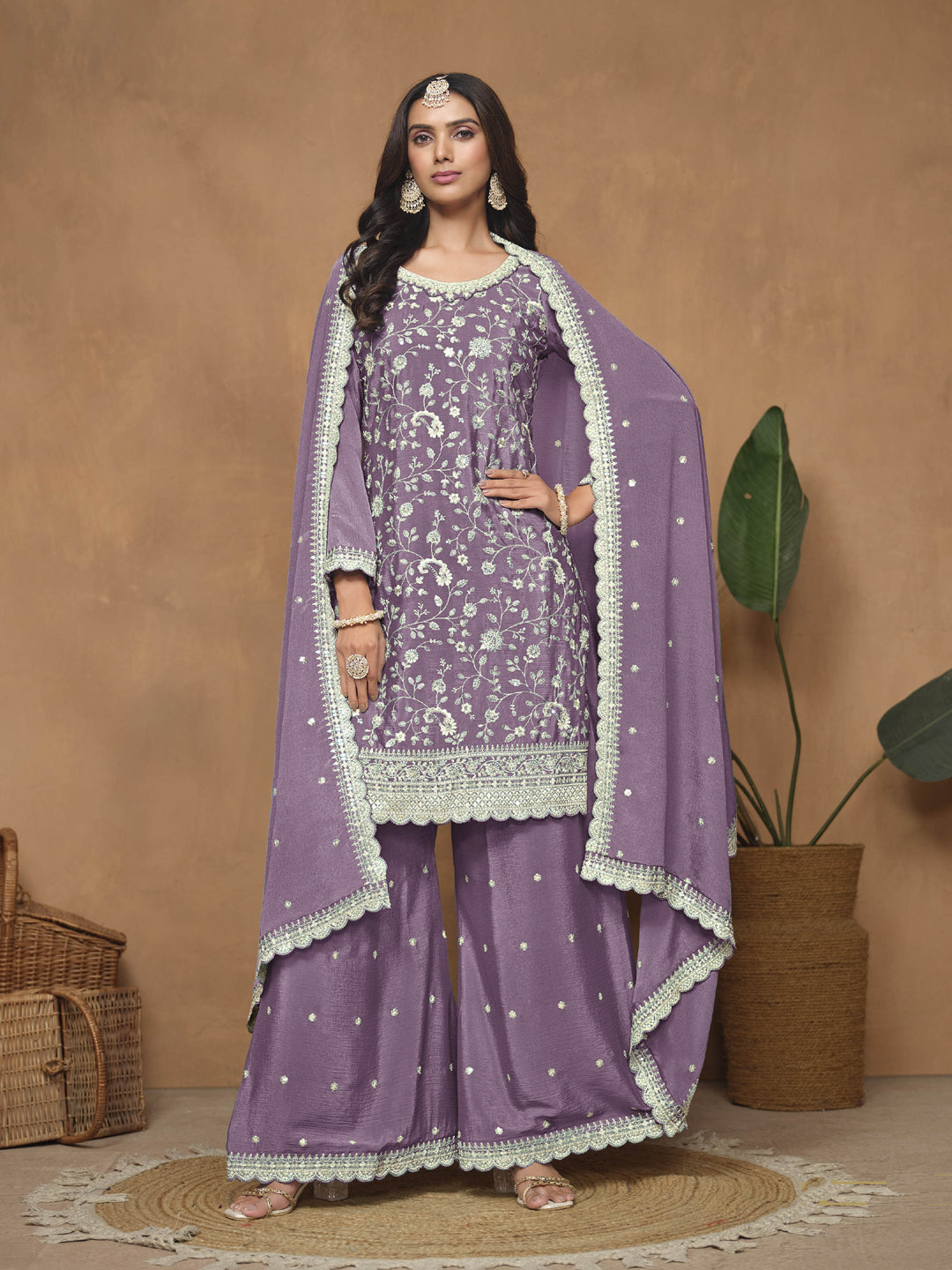 Resham & Sequins Purple Chinnon Party Wear Palazzo Suit