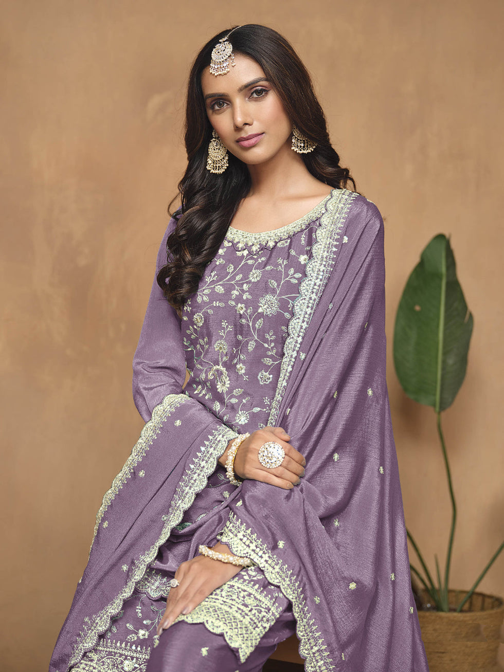 Magnificent Purple Chinnon Festive Palazzo Suit